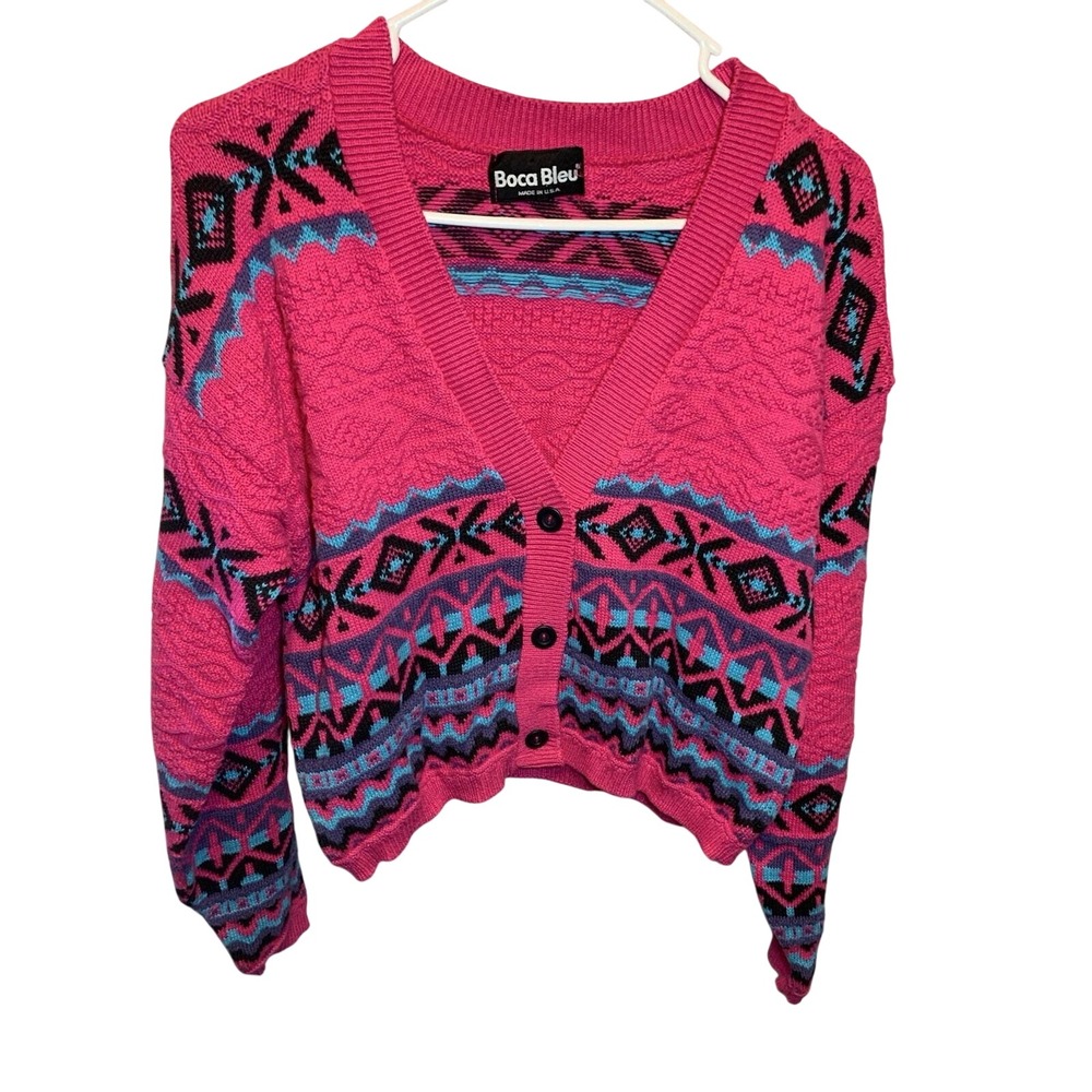 Women's Small 80s/90s Pink Knit  button up Cardigan Geometrical Retro Fun unique